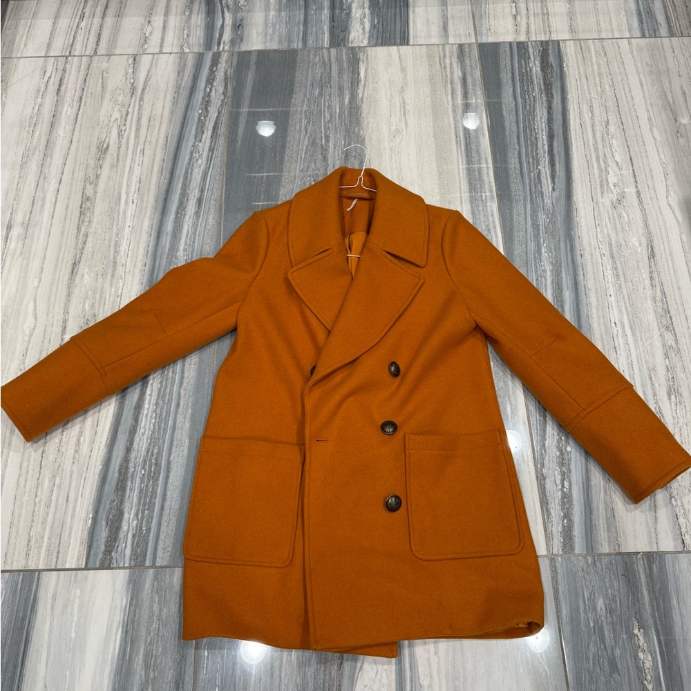 Free People Orange Wool Pea Coat Double-Breasted
